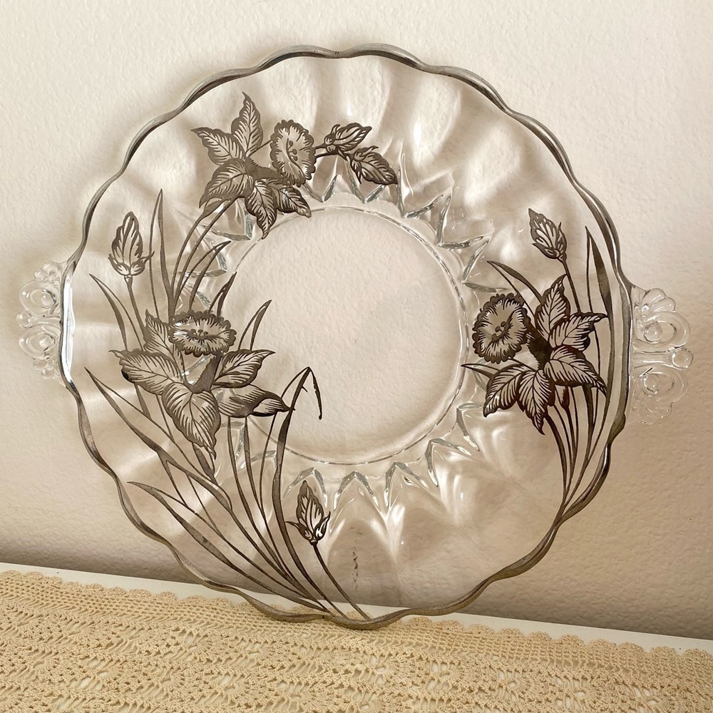 Cambridge Caprice Floral Dandelion Silver Overlay Scalloped Serving Plate